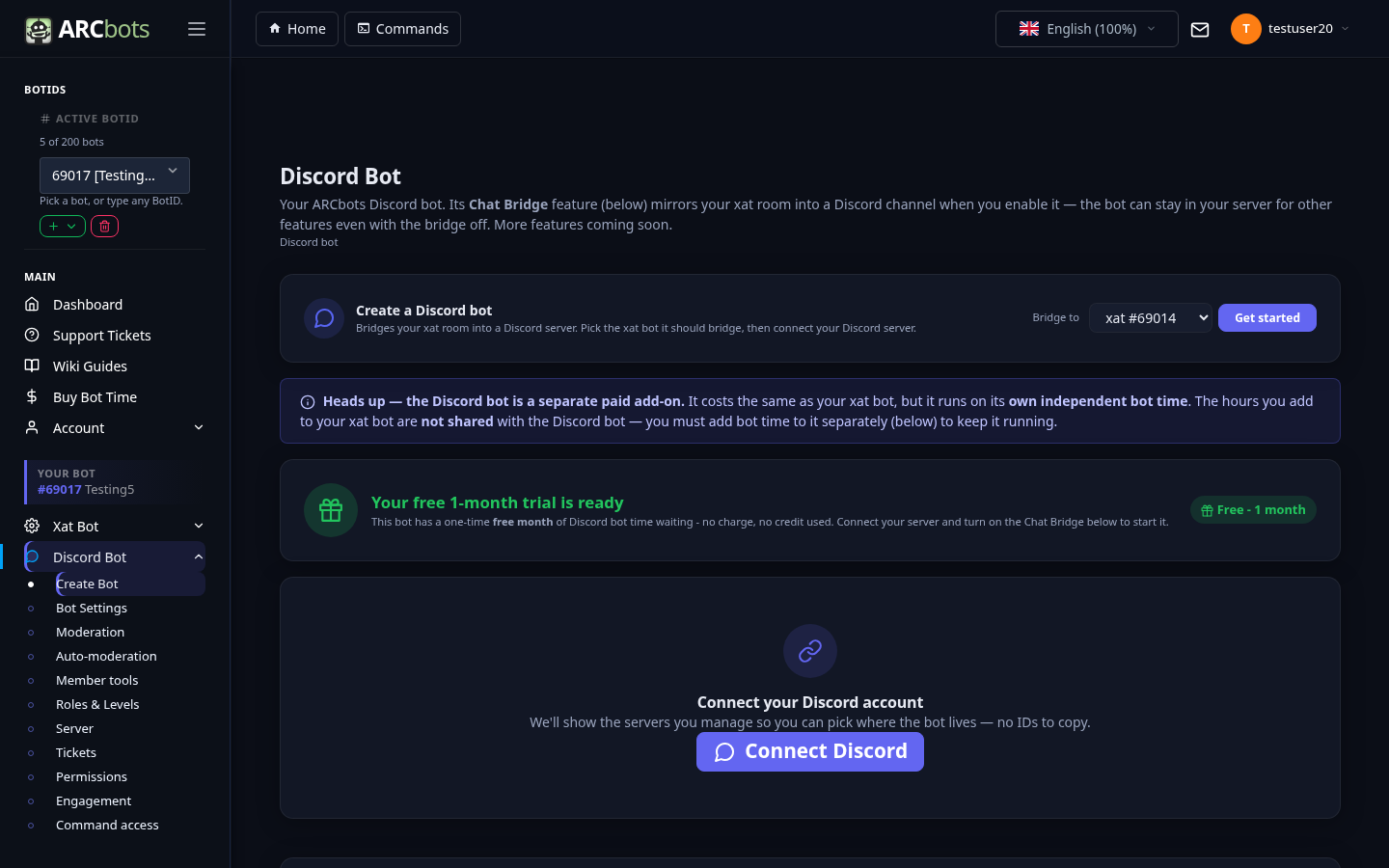 The ARCbots Discord bot control panel