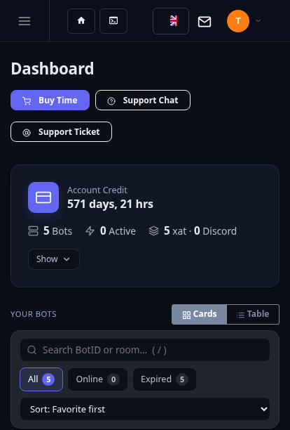 The ARCbots control panel on mobile