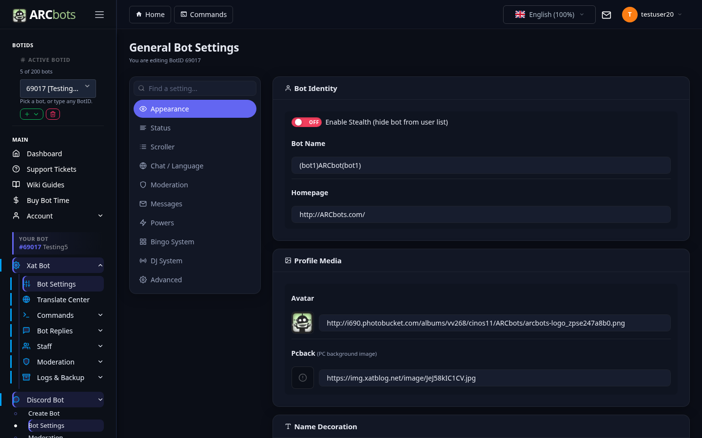 Deep ARCbot settings and moderation controls