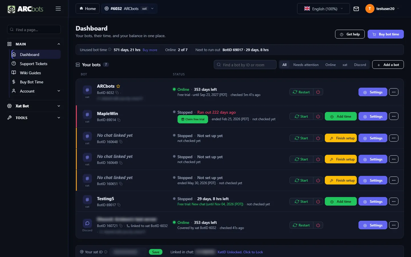 ARCbots dashboard listing several bots with online status, time left and action buttons