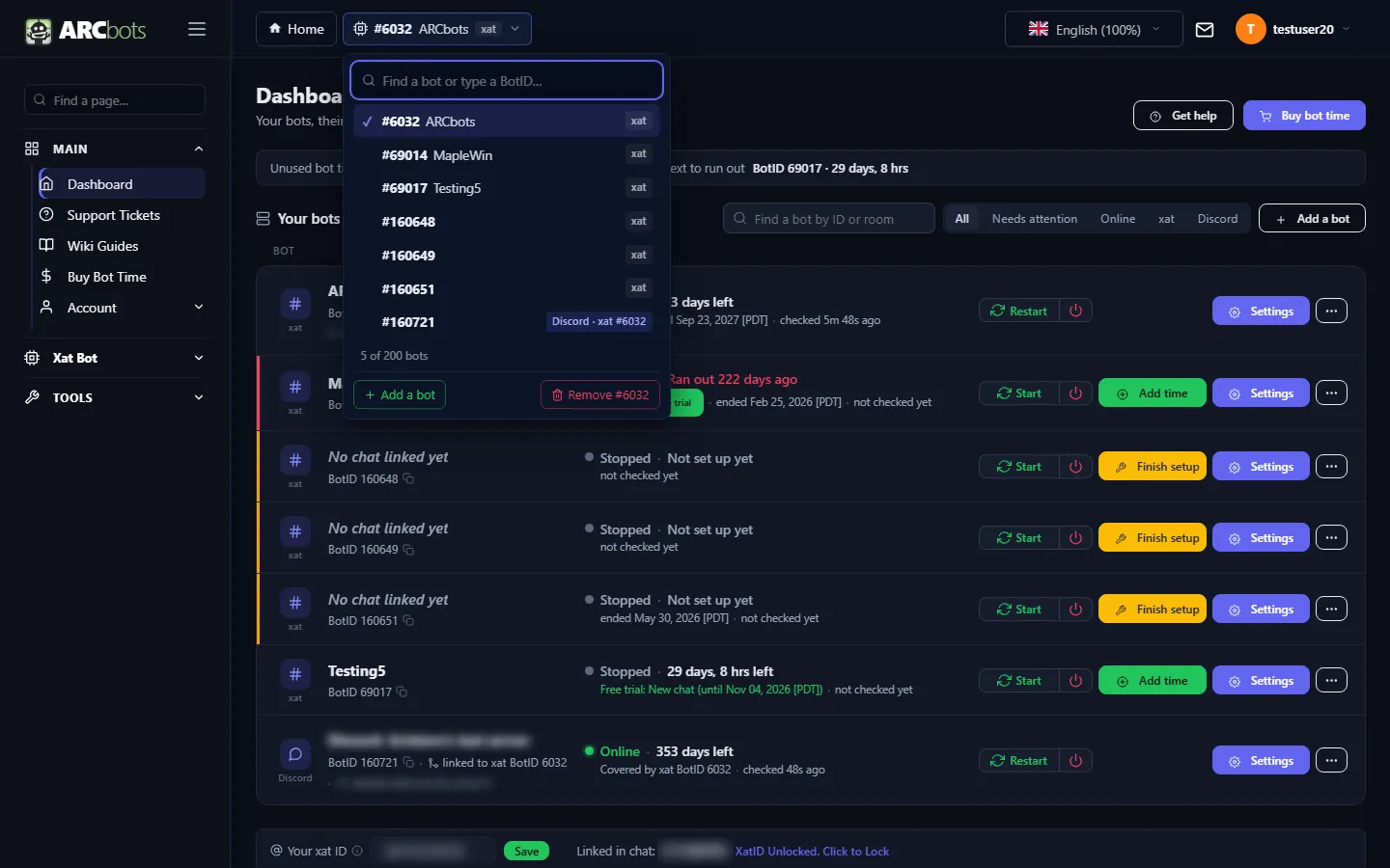 Top-bar bot switcher open, showing a searchable list of bots