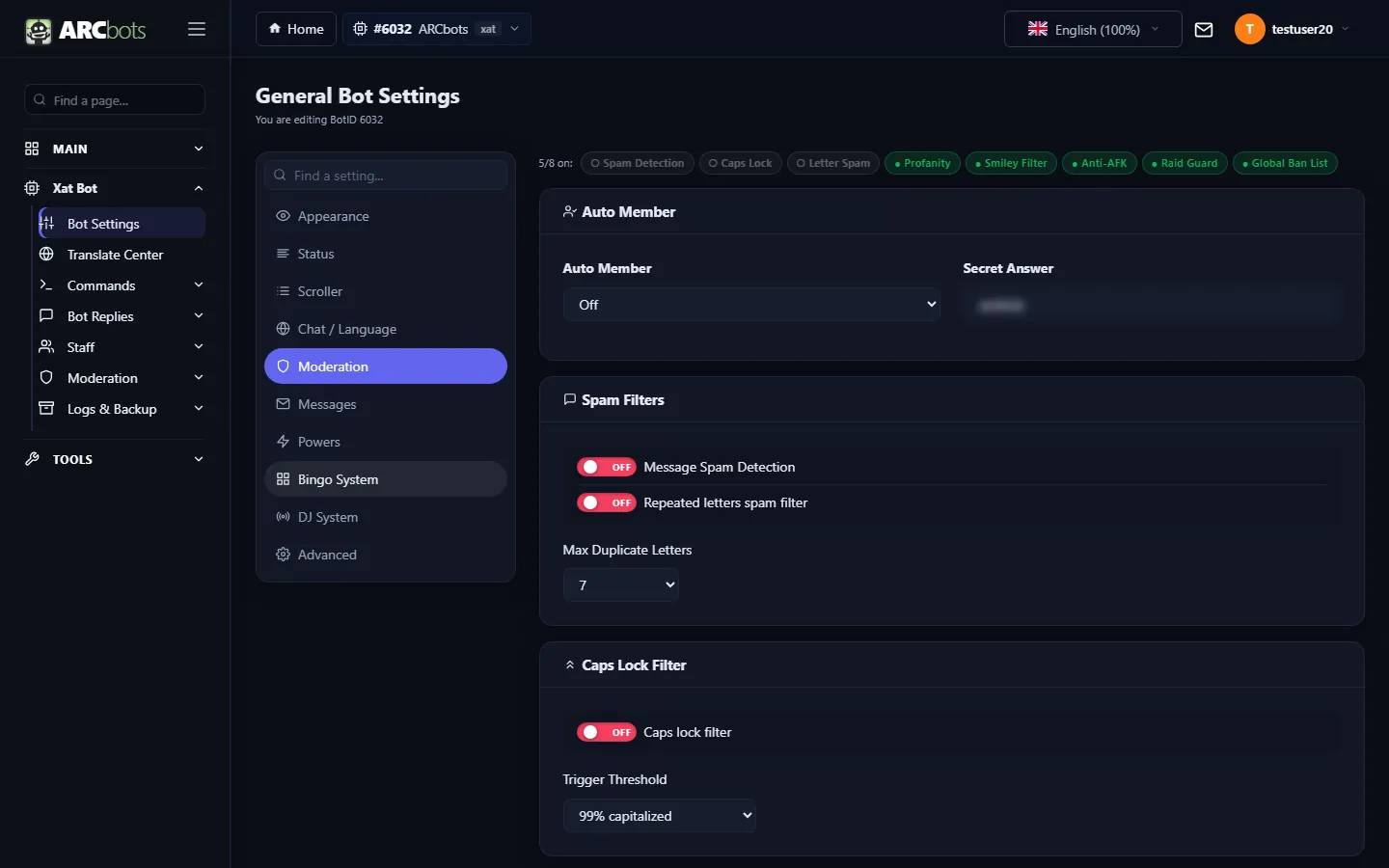 Bot settings page on the Moderation tab with spam and caps filters