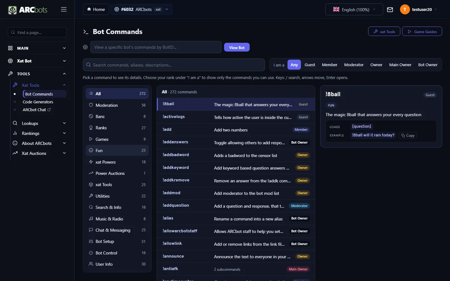 Bot commands browser with categories, command list and a detail card