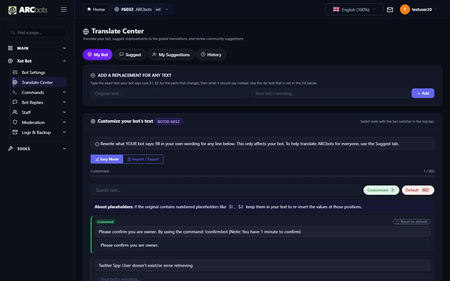 Translate Center for customizing the bot’s text
