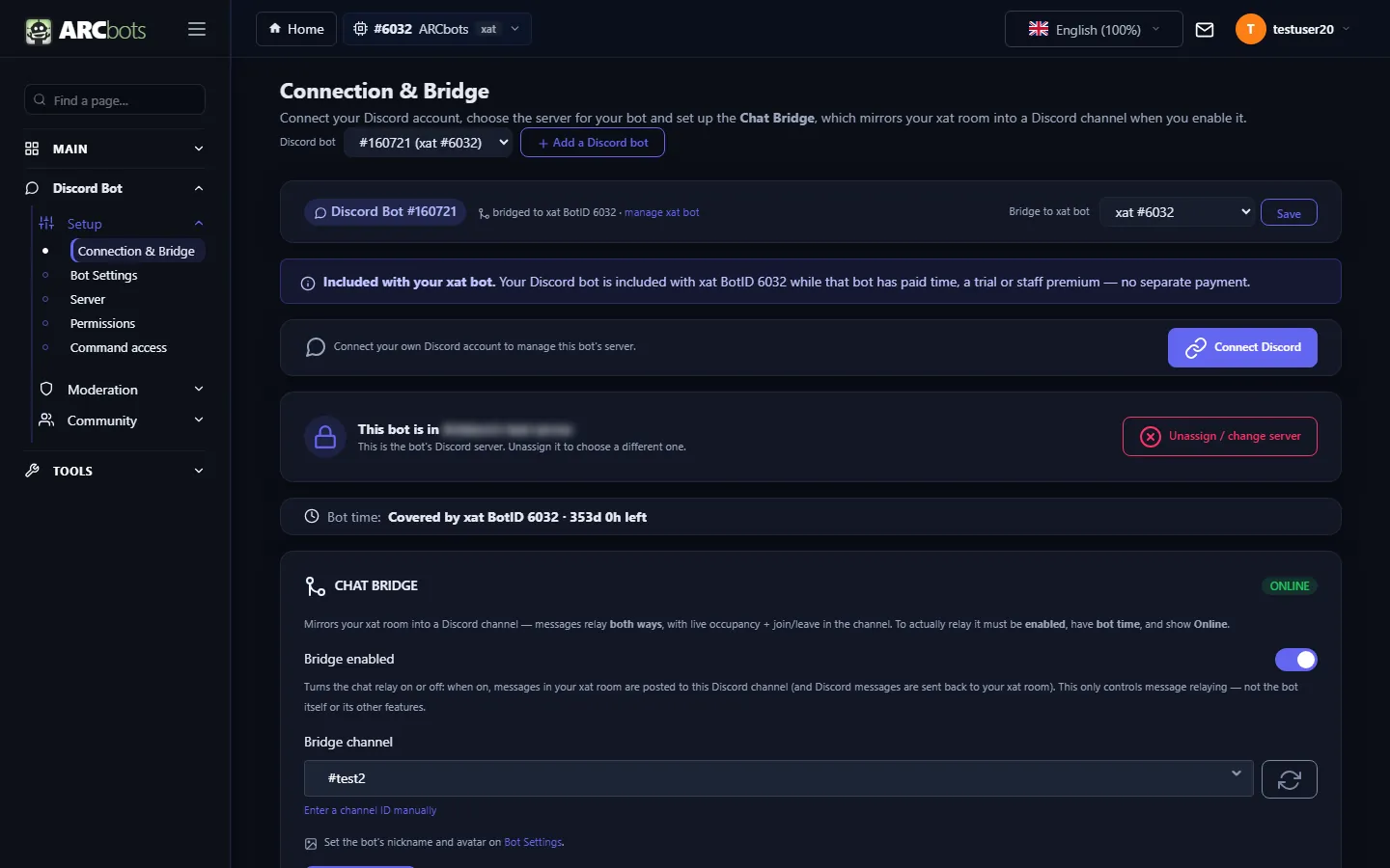 Discord Connection and Bridge page with the chat bridge online