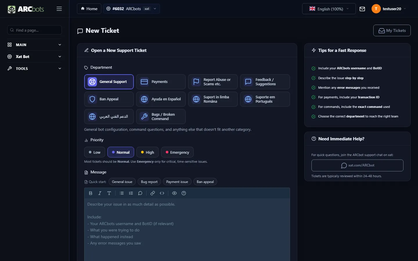New support ticket form with departments and priorities
