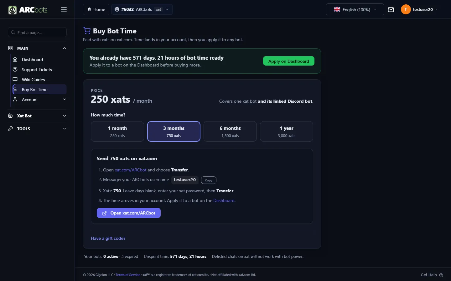 Buy bot time page with month, 3 month, 6 month and year options