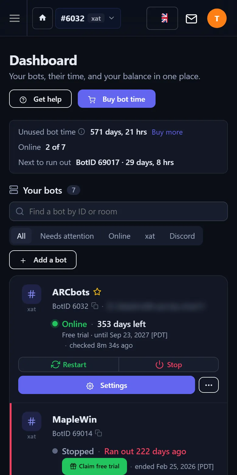 ARCbots dashboard on a phone, showing bot time, status and actions